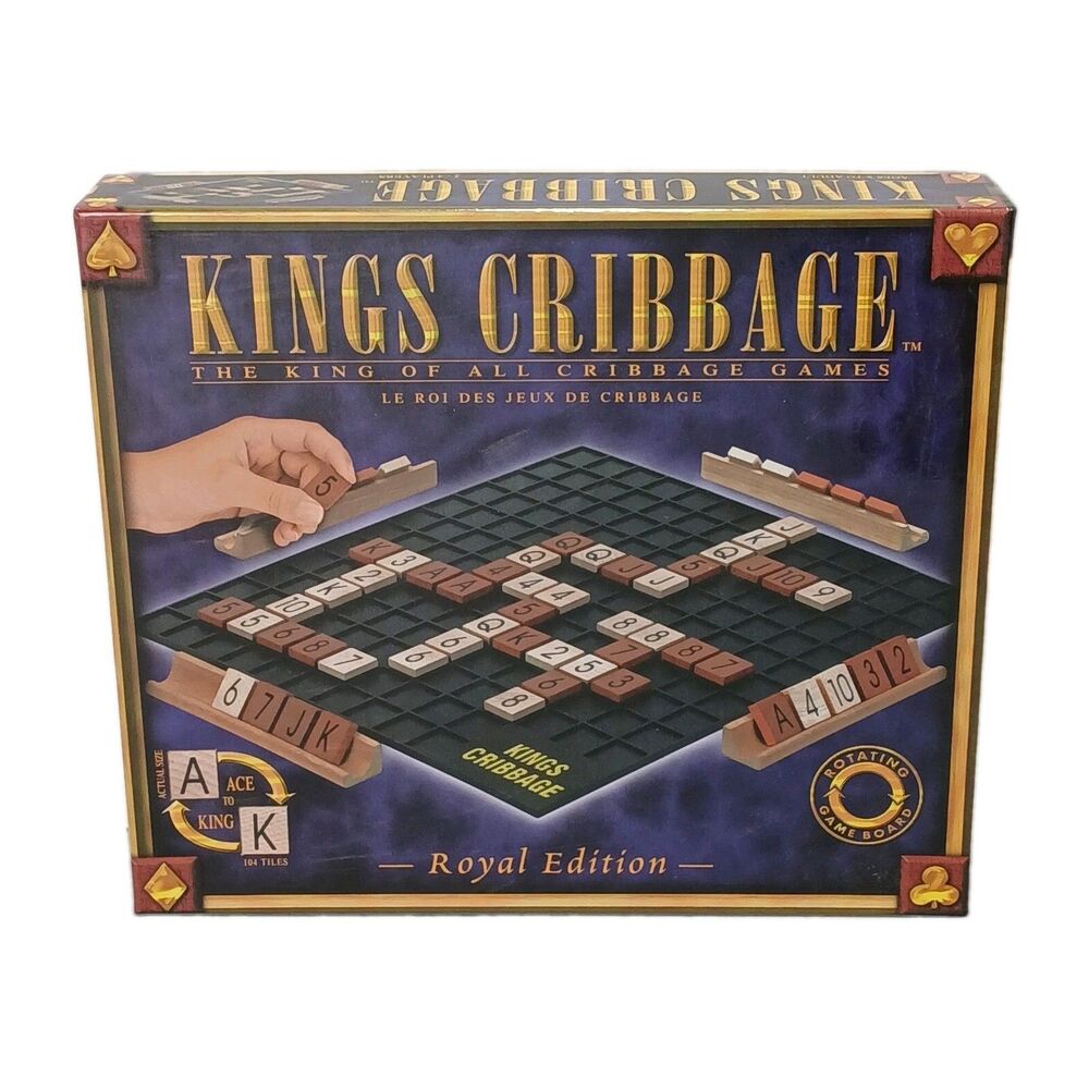 Kings Cribbage, Royal Edition Rotating Board, Wood Tile Holders 2-4 Players EUC
